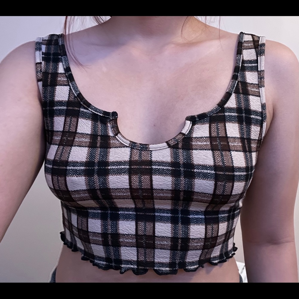Notched Neck Tartan Print Crop Top